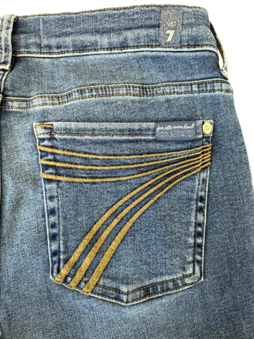 NWOT 7 For All Mankind Dojo Mid Rise Flare Jeans Felicity Wash Gold Stitching 29 - Picture 8 of 9